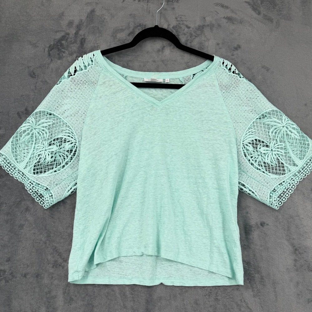 Chicos Top Womens Size 3 XL Mint Green Linen Blend Palm Tree Lace Sleeve Coastal